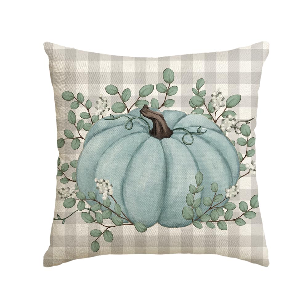 AVOIN colorlife Teal Pumpkin Eucalyptus Leaves Throw Pillow Cover 18x18 Inch, Fall Autumn Thanksgiving Harvest Decoration for Home Sofa Couch