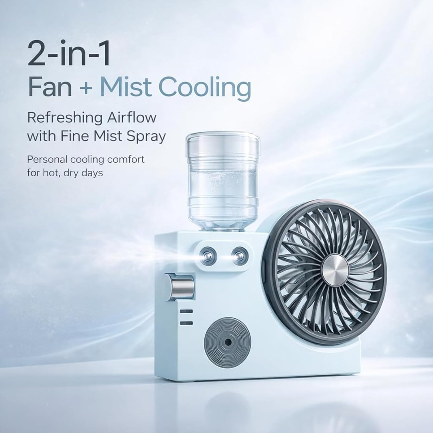 Portable USB Rechargeable Misting Table Fan, Mini Desktop Cooling Air Circulator with Mist Spray, 3-Speed Quite Mist Water Spray Ac, Air Circulator for Home Office Dorm Bedroom Outdoor Travel (WHITE)