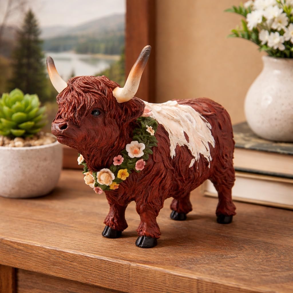 Wowser Highland Cow Figurine, Rustic Farmhouse Freestanding Statue, Desk Shelf Tabletop Decor for Home & Office, 6.25 Inch