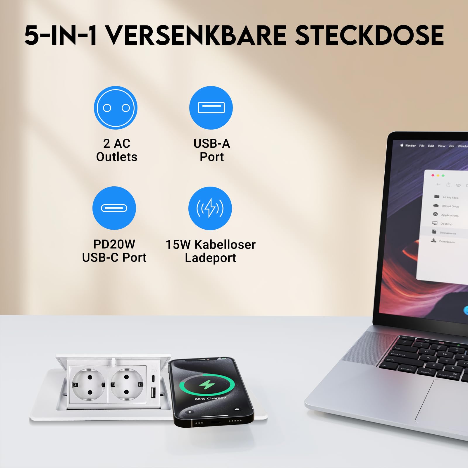 Enchufe retráctil PD20 W USB C y carga inalámbrica de 15 W, 2 enchufes, enchufe de mesa para escritorio, encimera de cocina, color blanco