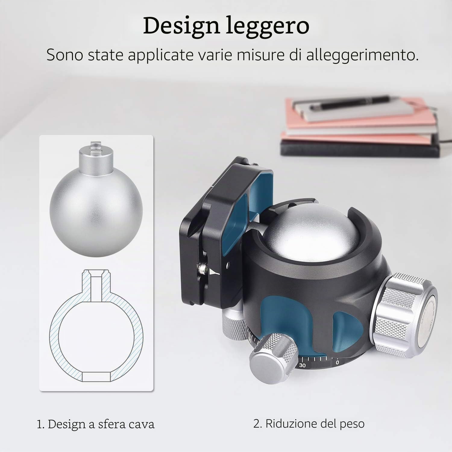 INNOREL N52 Treppiede a sfera a basso profilo con testa a sfera panoramica CNC in metallo con due piastre a sgancio rapido Arca Swiss per treppiede, monopiede DSLR videocamera carico massimo 30kg