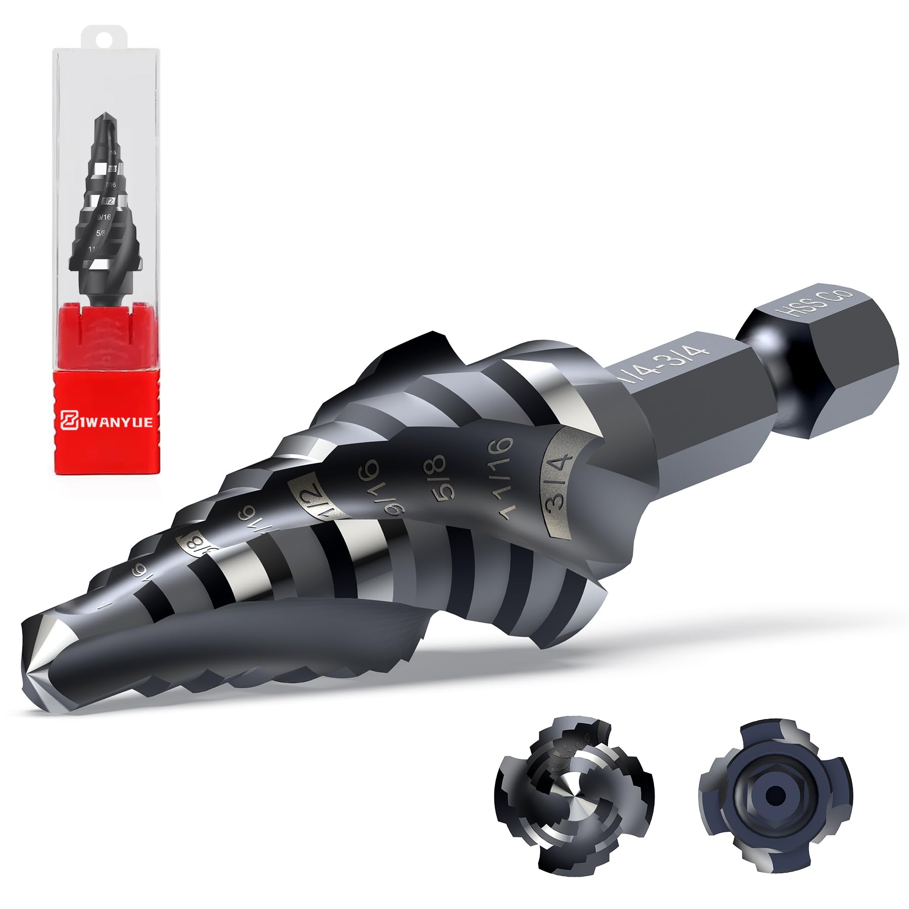 Broca escalonada de cobalto HSS M35, broca escalonada de cobalto de cuatro flautas en espiral, broca unibit de impacto de 1/4"-3/4"