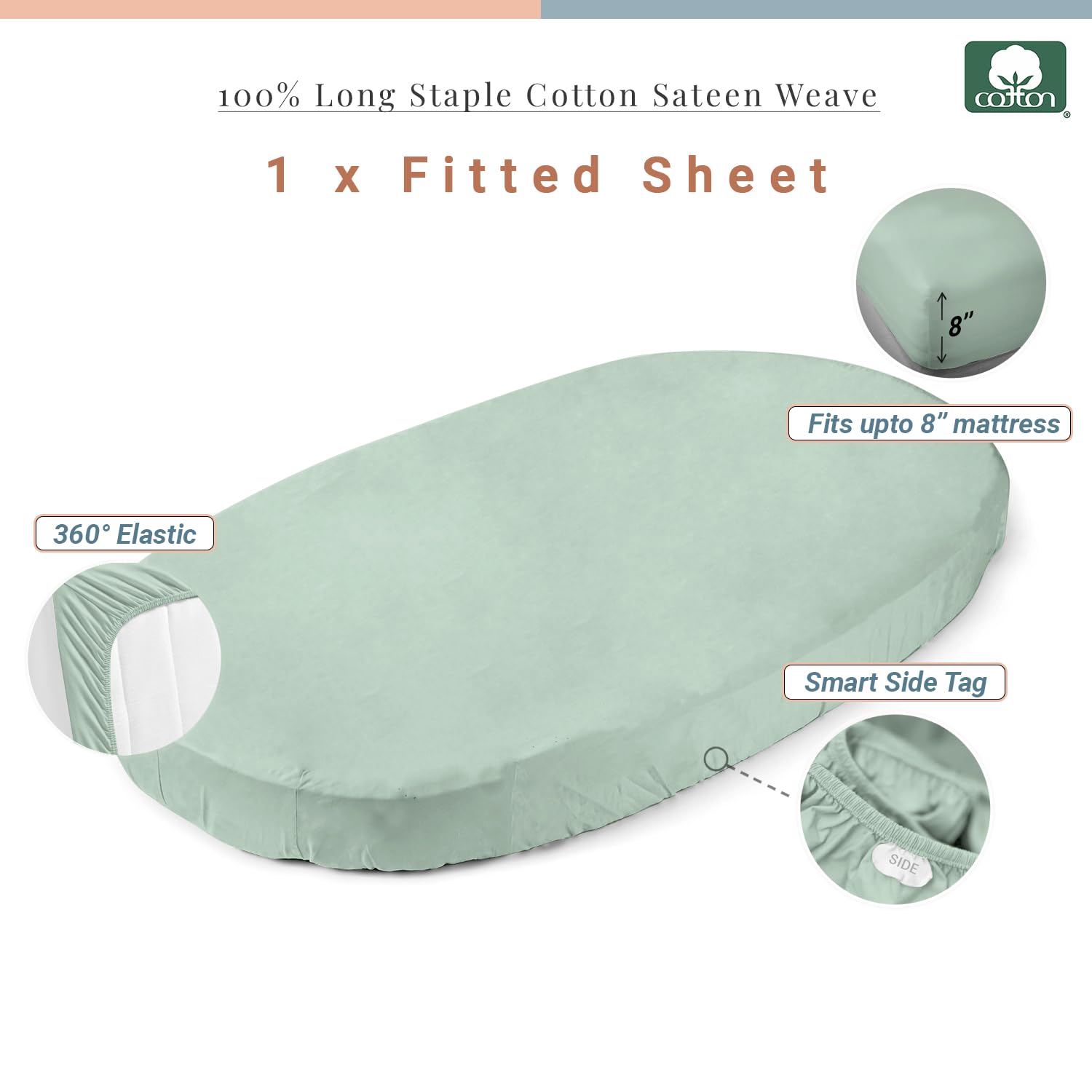 Pizuna Crib Fitted Sheet 40 x 90 cm, Seafoam Sage, 400 Thread Count 100% Long Staple Cotton Fitted Bed Sheet - Image 3