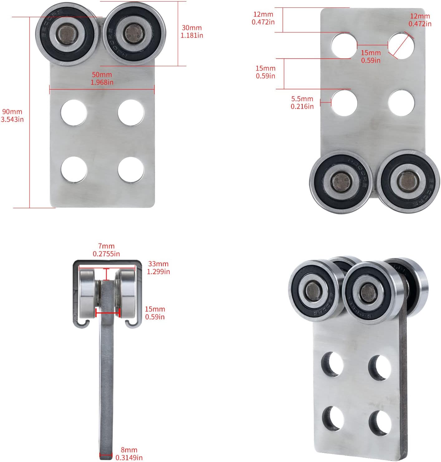 4 Wheel Trolley Assembly Rollers.Bearing Trolley Assembly.The top of The Trolley has Room for Set Screws, Allowing The use of a 1-5/8" high Strut Channel or Higher Metal Strut Channel.