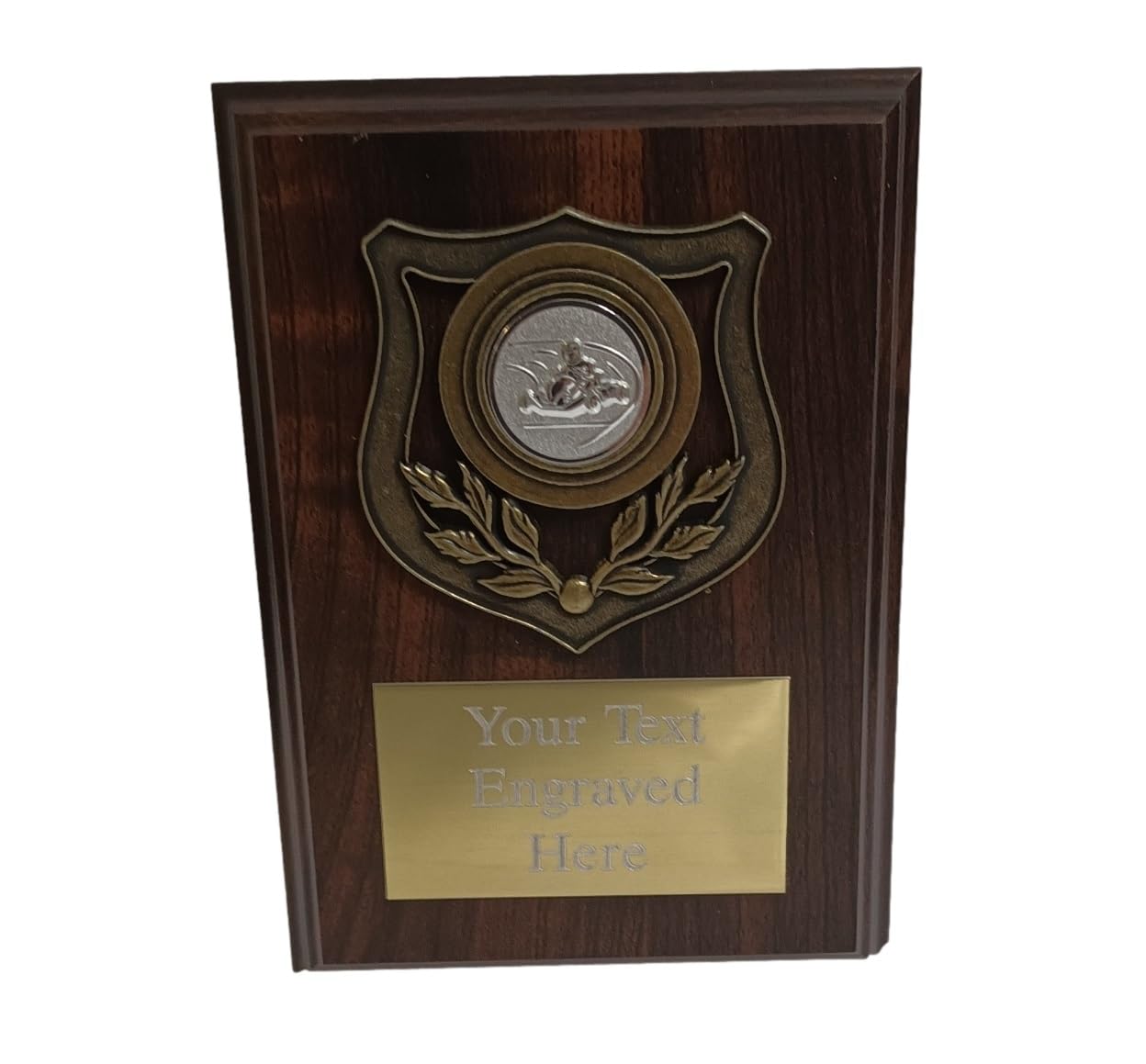 County Engraving Personalised Mahogany Effect Laurel Emblem Shield Award with Engraved Plaque - Enter Your Own Custom Text
