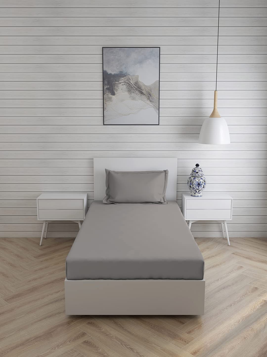 MONISTIC Home 100% Cotton Fast Colour Solid/Plain Grey Bedsheet for Single Bed with 1 Pillow Cover-image-22
