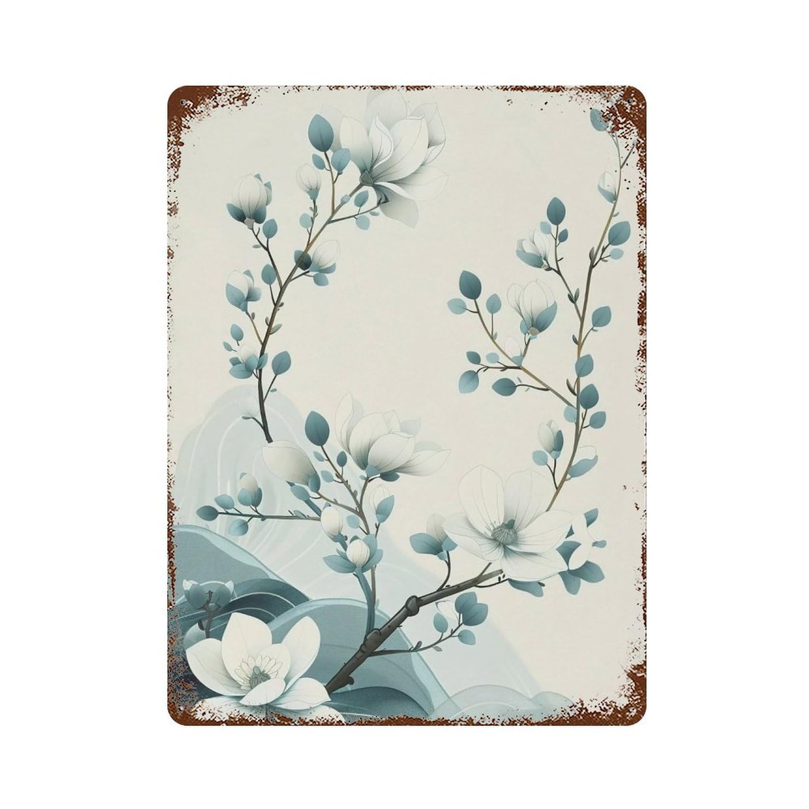 Wihyrtui Style Soft Gradient Teal Oriental Floral Twigs 04 Wall Retro Iron Metal Tin Sign Vintage Art Poster Modern Home Cofffee Club Art Bar Shop Decor 40X30cm