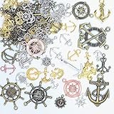 stino 100 G Anchor Compass Wheel Vintage Antique Metal Charms for Jewelry Making, Bulk Silver & Gold, for Bracelet, Necklace, Earrings DIY Crafts (Anchor Glod Silver & Bronze)