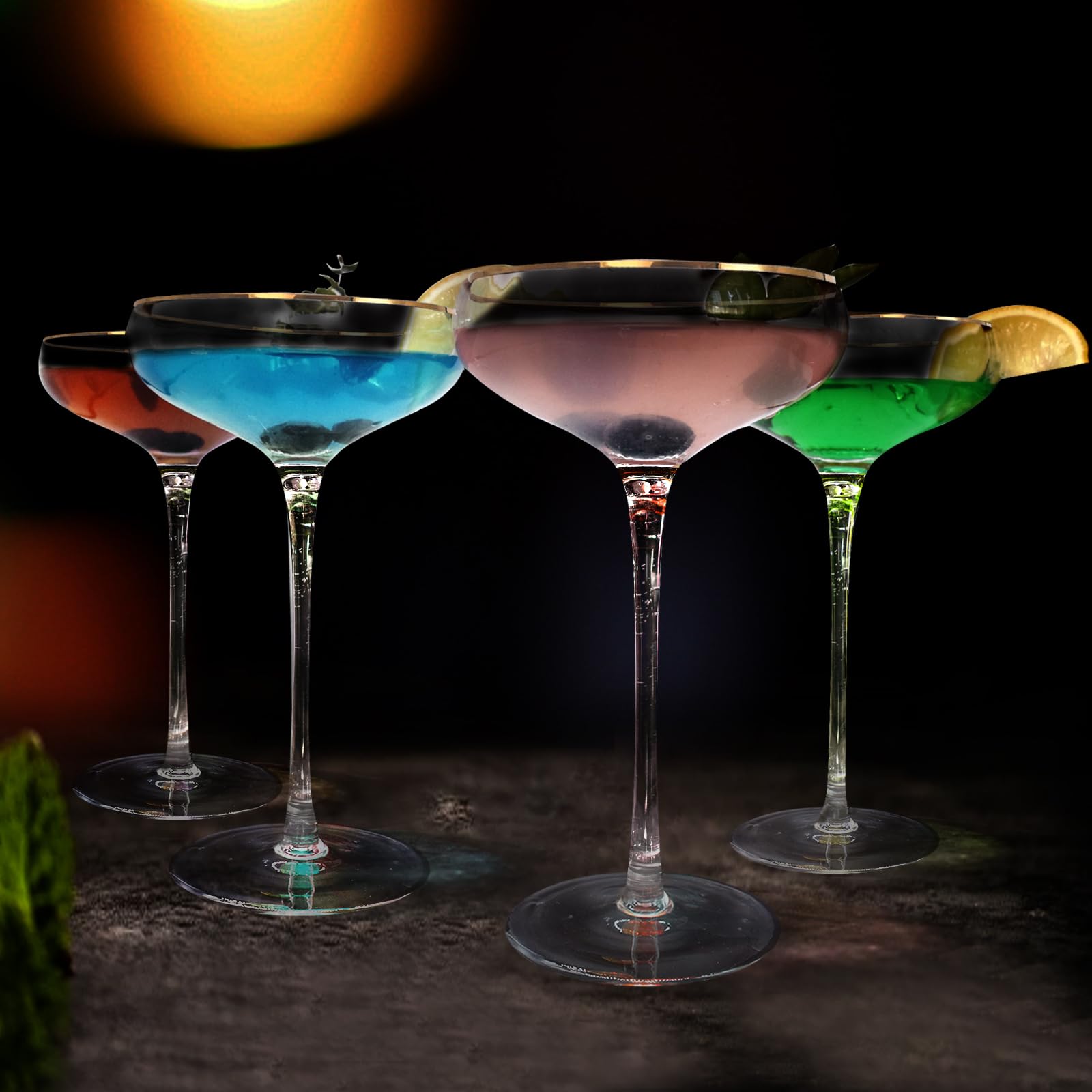 Juego de 4 copas vintage de Martini con tallo alto, copas de champán de cóctel con borde dorado, perfectas para bar, martinis, margaritas, fiestas, opción de regalo ideal, 7.5 onzas