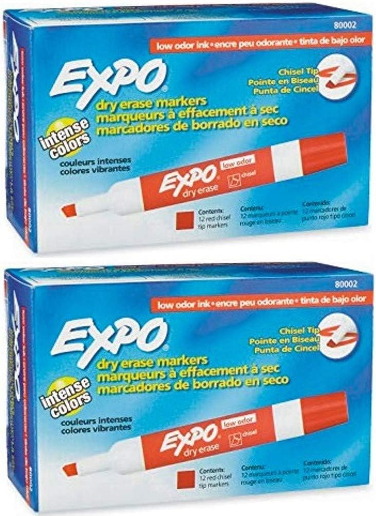 Expo 80002 Low Odor Dry Erase Markers, Chisel Tip, Red Color, 2 Sets with 12 Markers, Total of 24 Markers