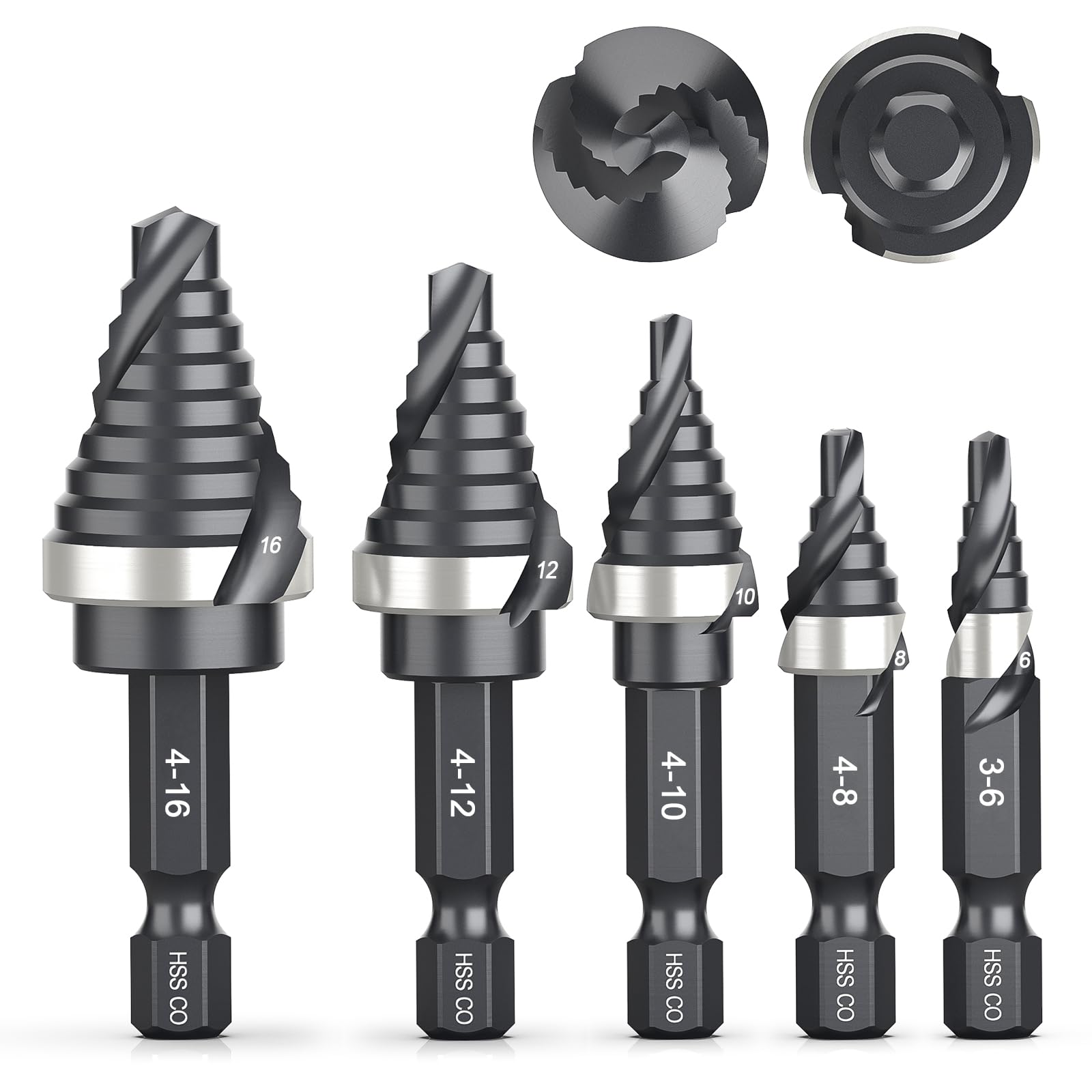 5PCS M35 Cobalt Step Drill Bits, HSS Spiral Flute Step Bit Set (6-16mm), Small Size EDC Cone Drill Bit with Hex Shank for Metal, Stainless Steel, Aluminum, Wood & Plastic Drilling