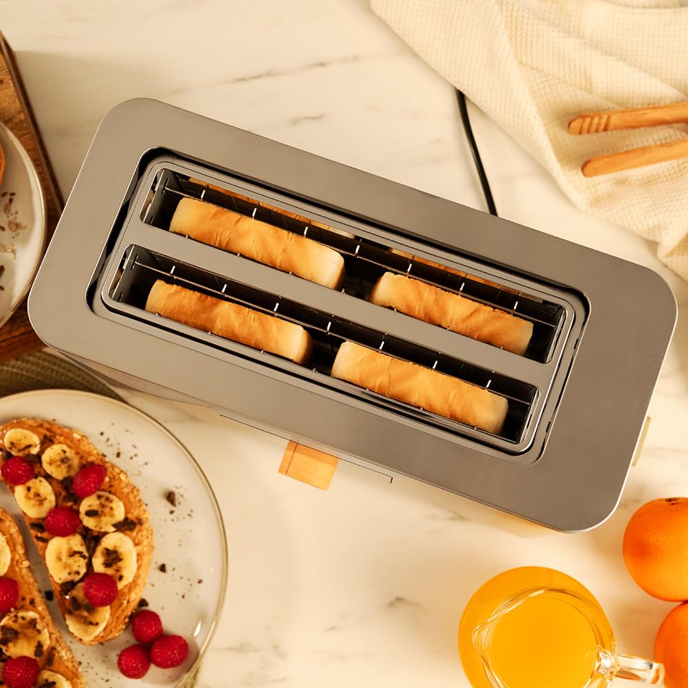 Cecotec Tostadora Vertical 2 Ranuras Largas Touch&Toast Extra Double. 1500 W, 4 Rebanas de Pan, Ranuras Extra Anchas 3,5 cm, Pantalla Táctil y Perilla Digital, Acabados en Acero Inoxidable