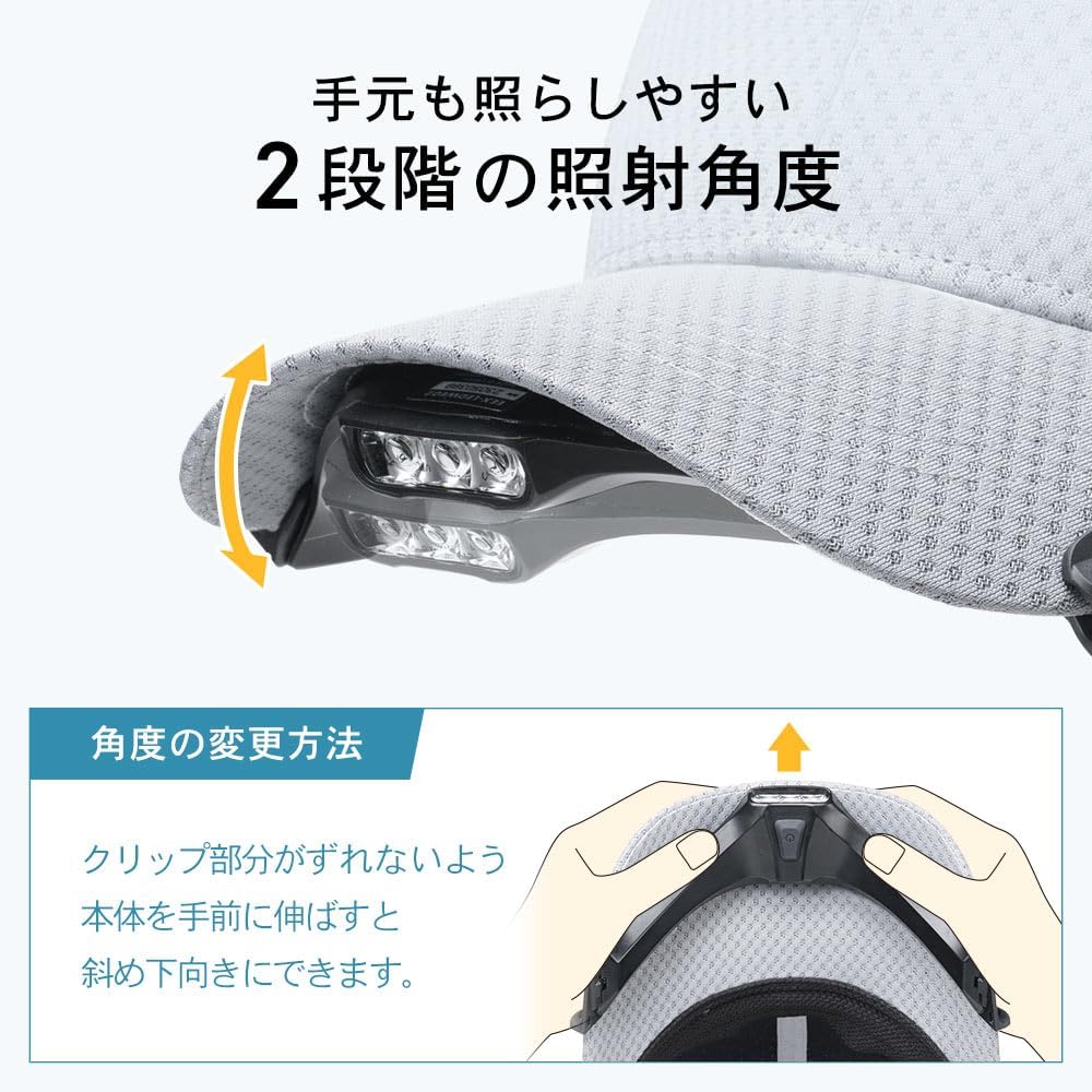 イーサプライ LED キャップライト 帽子ライト USB-C充電 明るさ3段階 250ルーメン 防水IPX4 クリップ式 軽量 アウトドア ランニング 散歩 EEX-LEDWE02