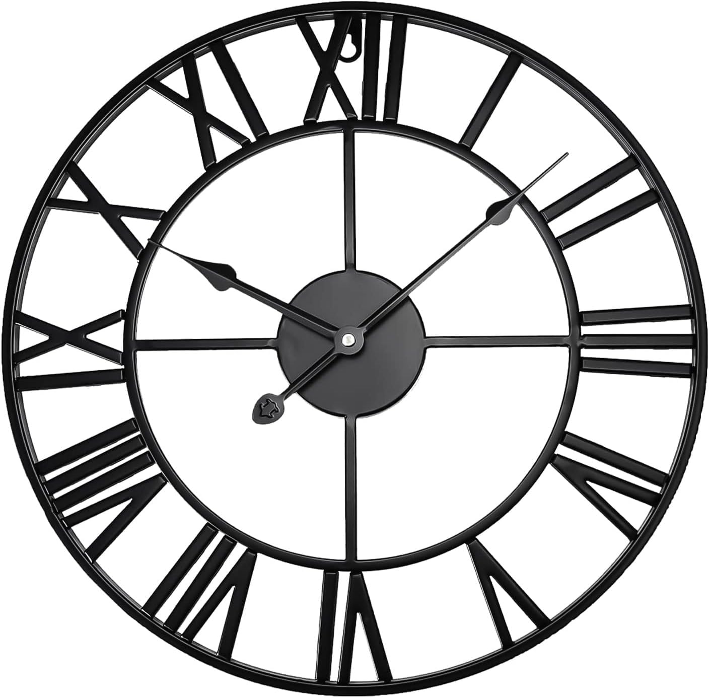Large Wall Clock Silent Non-Ticking, Battery Powered Metal Large Kitchen Clock with Roman Numerals, Skeleton Black Wall Clocks for Living Room, Bedroom, Garden (Roman-black, 47CM/ 19 Inches)