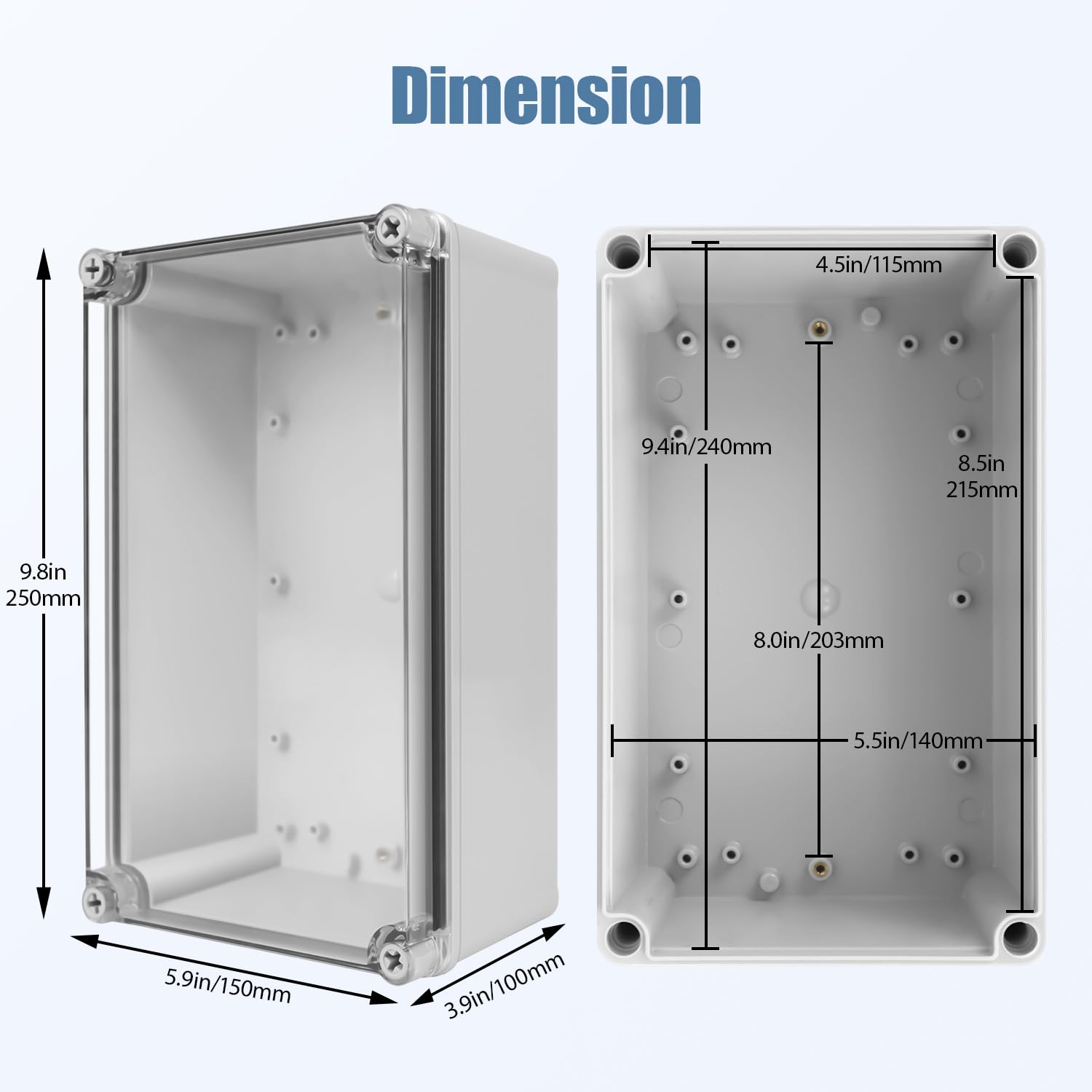 LeMotech Junction Box IP67 Waterproof Dustproof Electrical Box Project Box DIY Enclosure Gray with Transparent Clear Cover, External Size 9.8x5.9x3.9in (250x150x100mm)