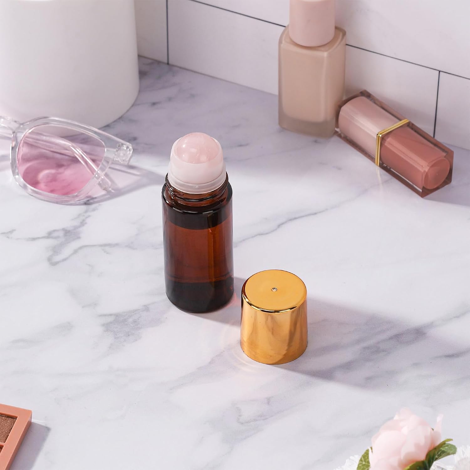 1.7oz Large Amber Glass Roll on Bottles for Essential Oils Perfume Refillable Roller Ball Applicator Empty Deodorant Containers with Pink Crystal Rollerball - Image 3