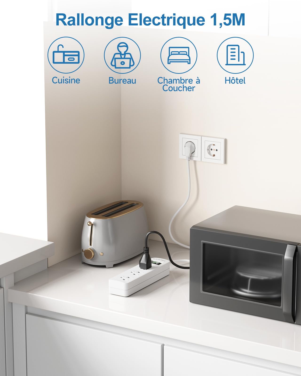Adaptateur Prise USA vers France, Adaptateur USA vers France, 3 Prises pour Appareils électroniques américains, Voyage Depuis des États-Unis, du Canada, en Allemagne, en Espagne, Blanc