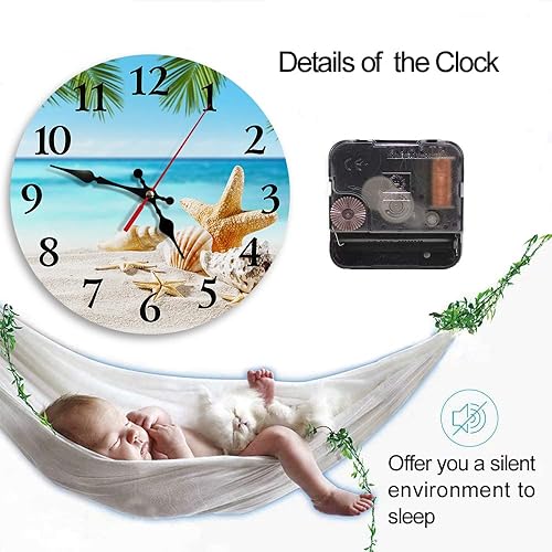 Miniatura 4 de Britimes Reloj de pared redondo silencioso sin tictac, funciona con pilas, 12 pulgadas, color arena de concha, verano, playa, decoración del hogar