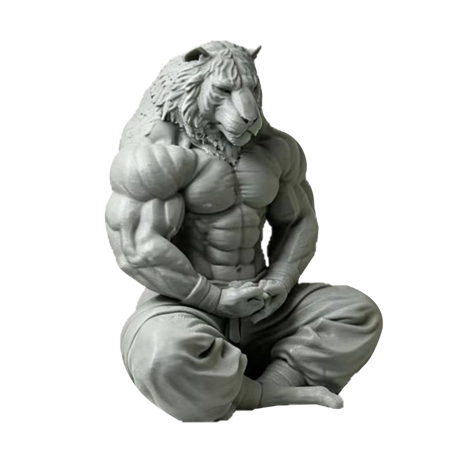 Porceosy 3D Printed Tiger Man Figurine.3d printed tiger man figurine. muscular tiger ornament. minimalist animal sculpture. zen pose tabletop decor Silver