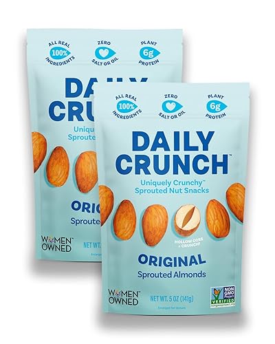 Daily Crunch Almendras germinadas bolsas resellables de 5 onzas germinadas originales paquete de 2 germinadas y deshidratadas para un bocadillo