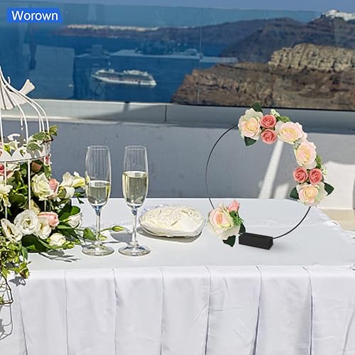 Vista 12 de Worown Paquete de 6 centros de mesa de aro floral de metal de 10 pulgadas con 6 soportes de madera para mesa, anillos de metal plateado para hacer