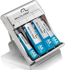 Carregador de Pilhas AA/AAA com 2 Pilhas AA 2500mAh e 2 Pilhas AAA 1000mAh, Multilaser - CB045