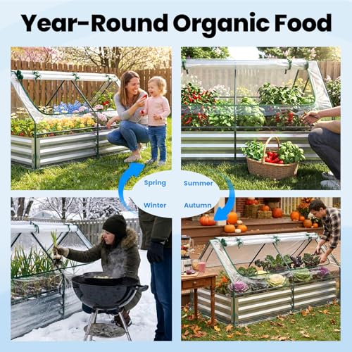 Image of Quictent Raised Garden Bed with Cover Outdoor Galvanized Metal Planter Box Kit, w / 2 Large Screen Windows Mini Greenhouse 20pcs T Tags 1 Pair of Gloves Included for Growing Vegetables 6x3x1ft (Clear)