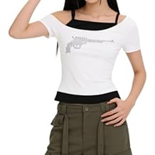 OCUH Off The Shoulder Tops for Women Graphic Tees Gun Print Fitted Crop Top Y2K Casual Layered Tee 2000s Streetwear