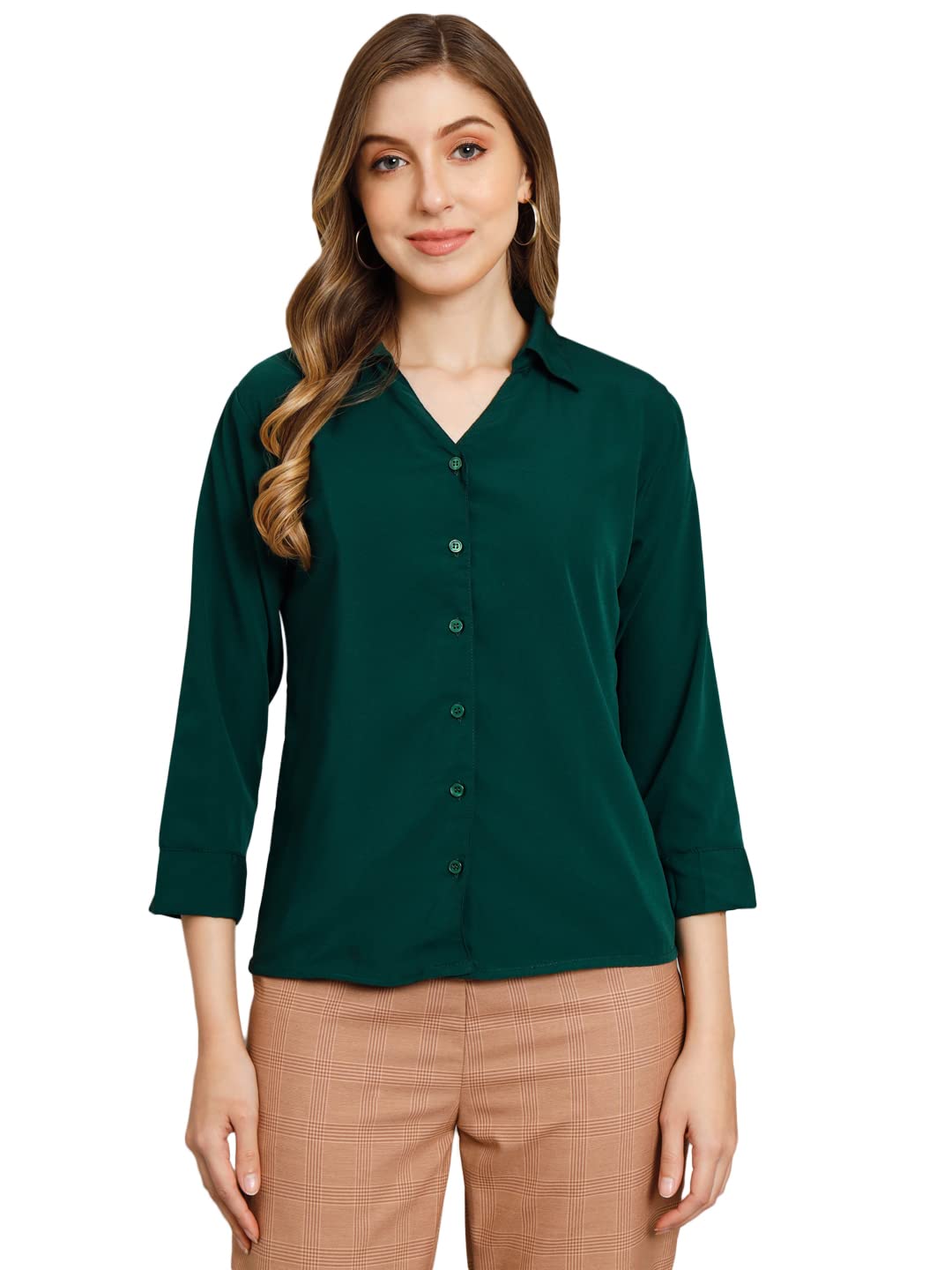 funday fashion Women's Crepe Regular Fit Solid V Collered Formal/Casual Shirt-picture-37