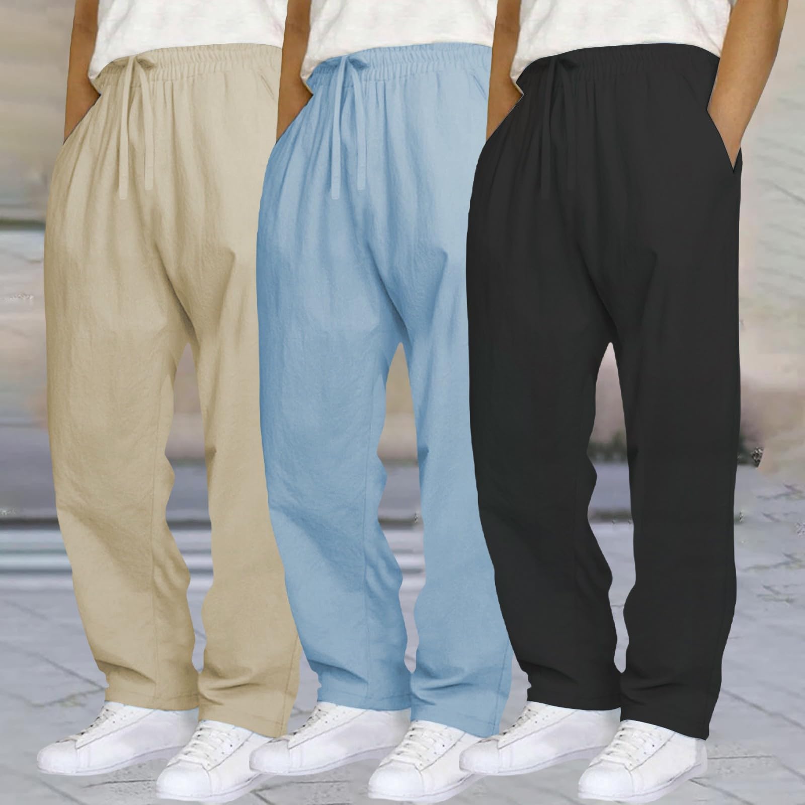 Herren Trainingshose Lang 3Er Pack Freizeithose Baumwolle Leinen Sporthose Einfarbig Jogginghose Comfort Fit Trekkinghose Elastische Taille Fitnesshose Atmungsaktiv Bequeme Sportwear