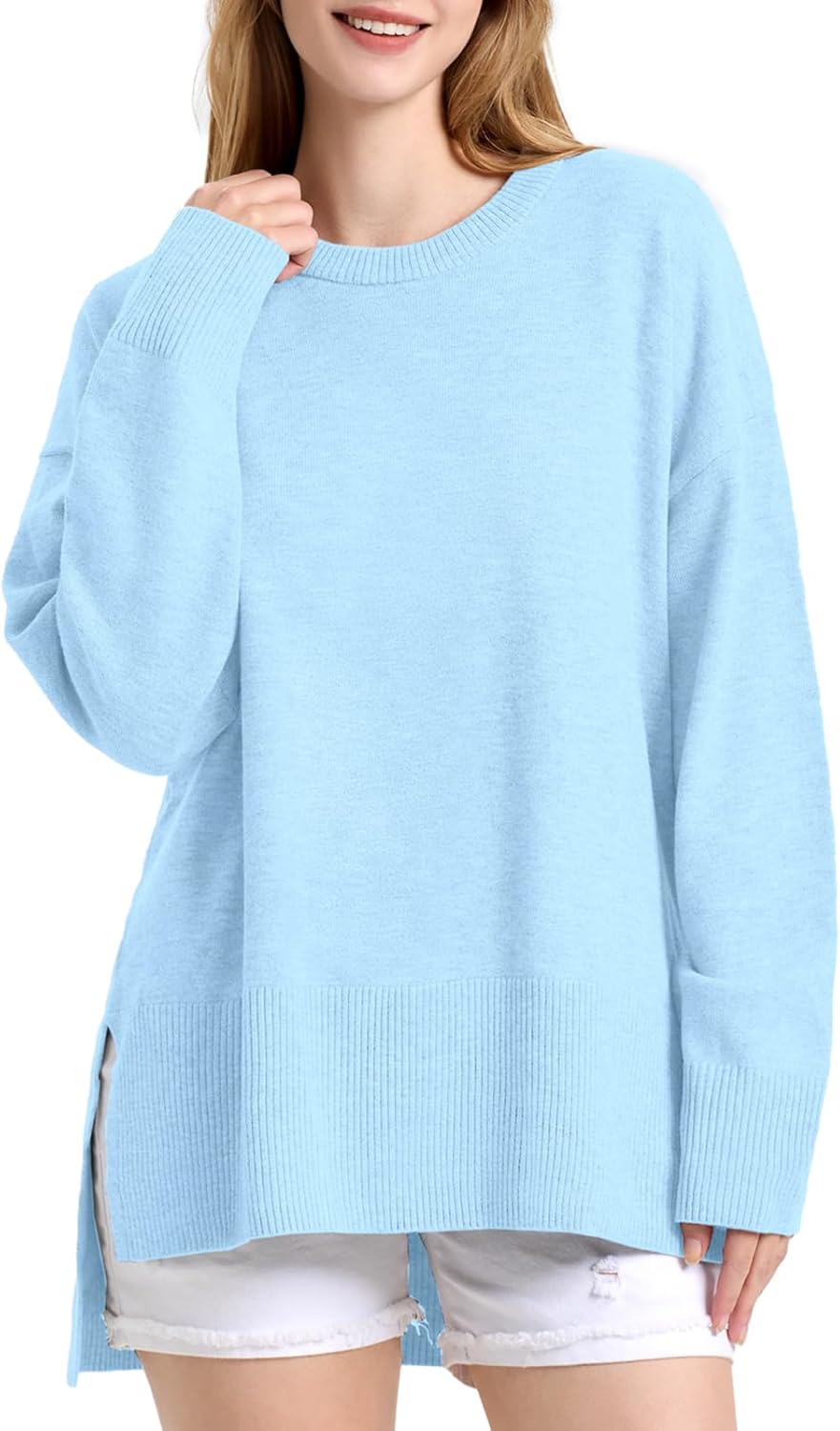 zanzea women's fall sweaters 2024 — oversized loose long sleeve crew neck side slit dressy knit casual pullover top (light blue, large)