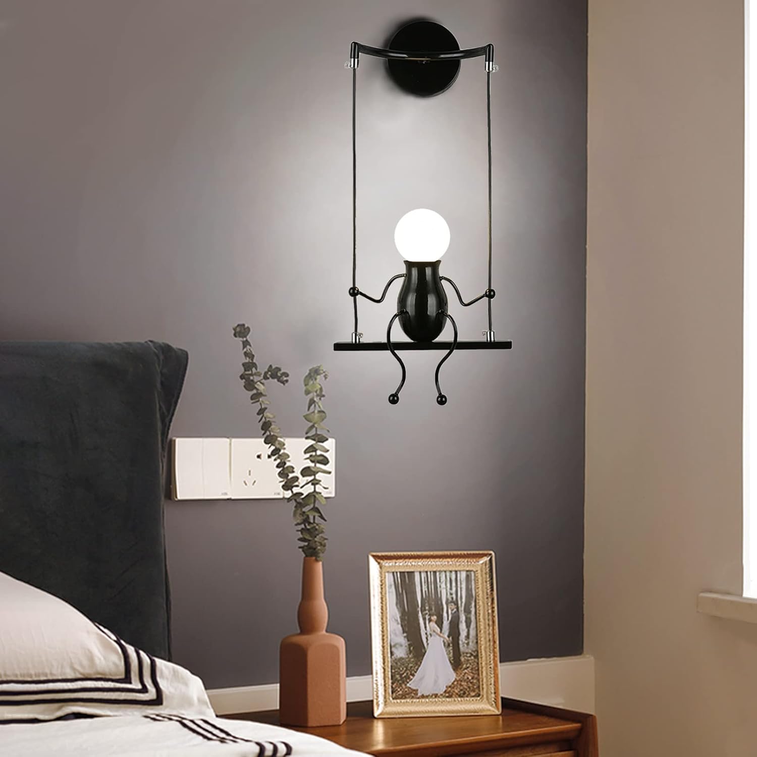 Wall Light Fixtures Indoor Creative LED Lights for Bedroom Cartoon Little People Swing Wall Lamp Mini Doll Adjustable Wall Sconces Lighting Decor Gift Metal Bedside Lamps Modern 1×E26 (Black)
