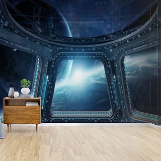 Window view of space and planets from a space station 3D rendering Canvas Wallpaper Print Self Adhesive Peel & Stick Wallpaper Wall Mural Wall Decal Wall Sticker Poster Home Decor for Living Room