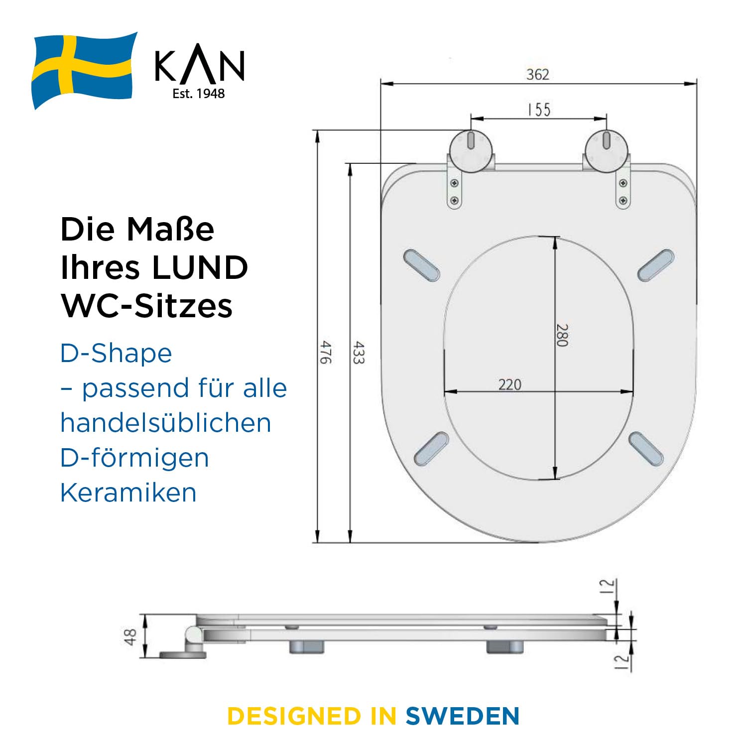 KAN - Sedile WC con abbassamento automatico, forma a D, in legno, con vestibilità universale, fissaggio dall'alto con sistema di bloccaggio magnetico, coperchio piatto con abbassamento automatico