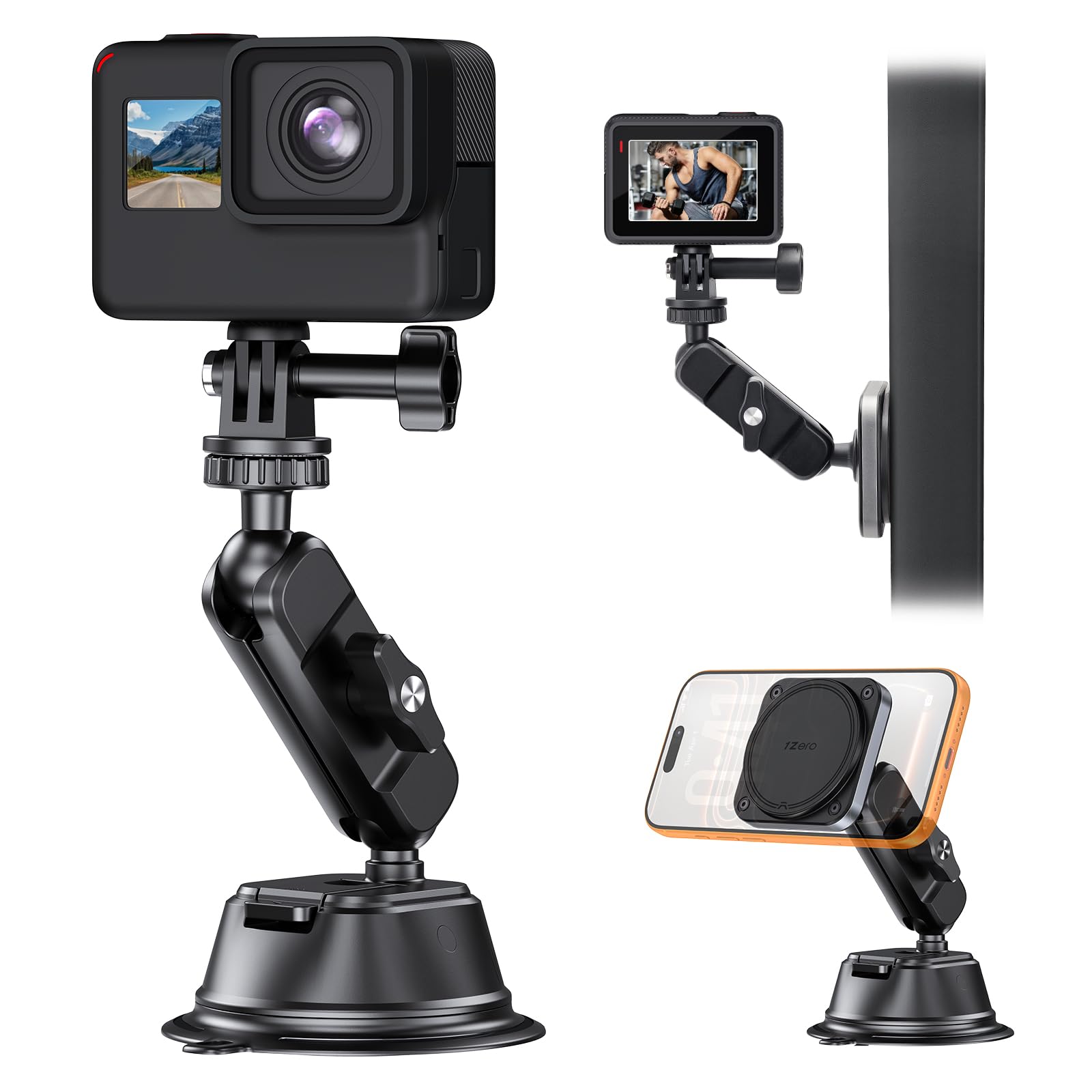1Zero Dual Suction Cup Car Mount for GoPro Action Camera & Phone, Magnetic Mount for Go Pro, 3-in-1 Car Phone Holder for Magsafe, Compatible with GoPro Hero13/12/11/10/9 Insta 360 DJI Osmo Action