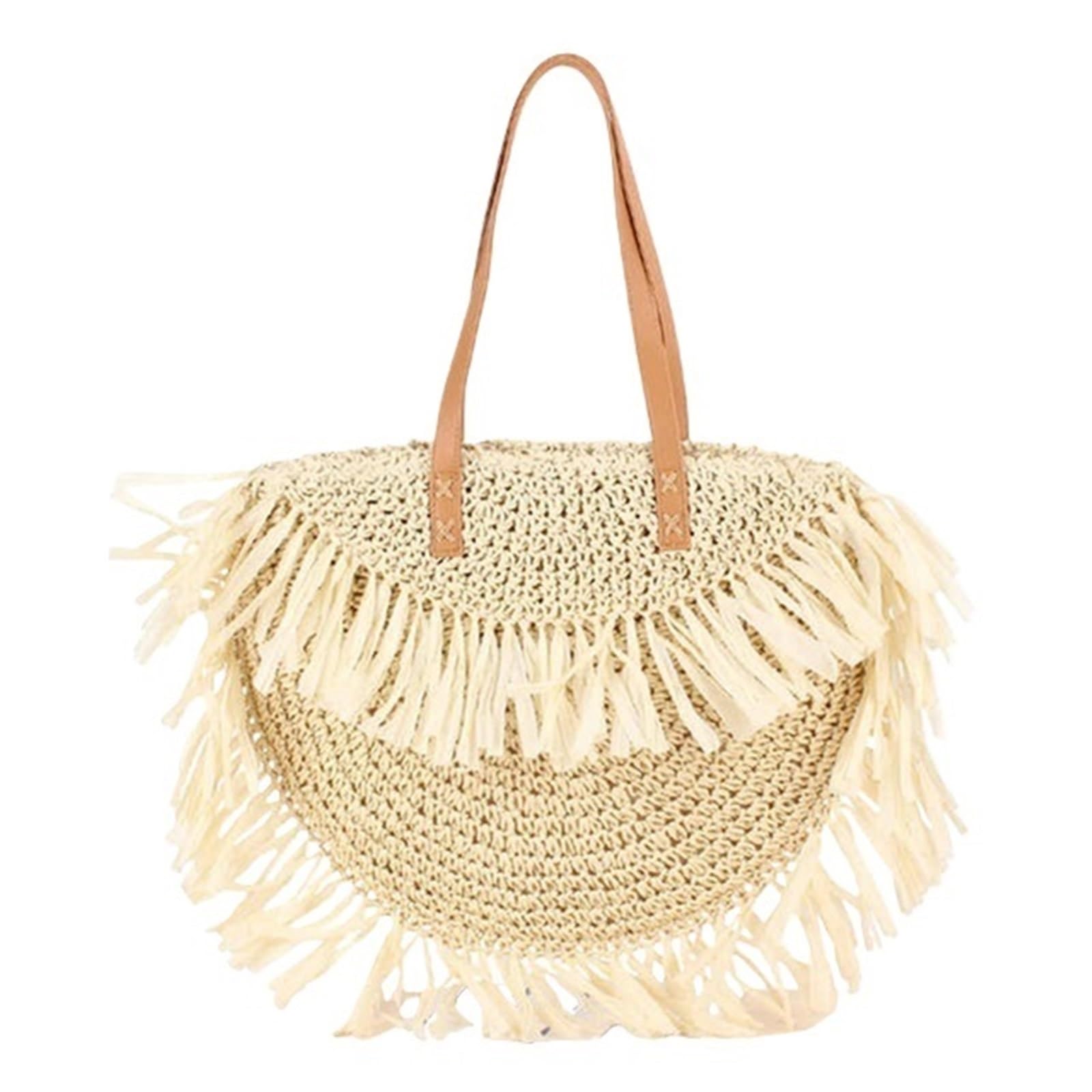 Bolso Bandolera con Flecos Bolsos de paja con borlas redondas for mujer, bandoleras mimbre, bolsos pequeños