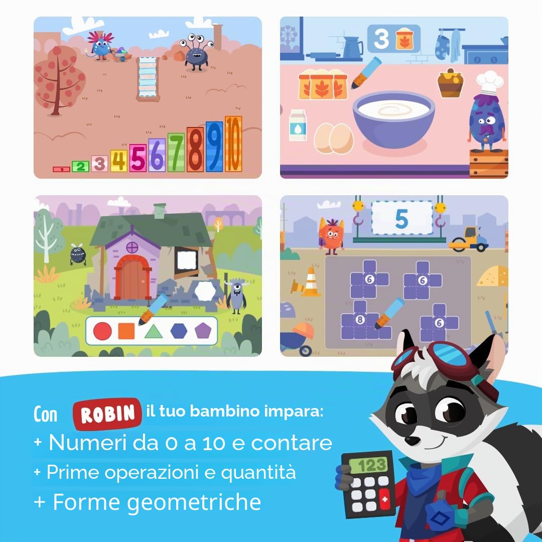 Edurino® Robin,Set per principianti con numeri e quantità a partire da 4 pollici, con pennino capacitivo, apprendimento giocoso dei numeri, giochi educativi a partire dai 4 anni