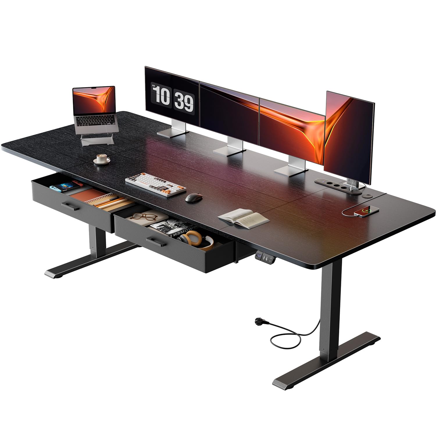 Precision Synergie Electric Standing Desk with 2 Drawers, 200 x 80 cm Height Adjustable Standing Desk with Power Outlets and USB Ports, Sit Stand Table with Memory Smart Pannel for Home Office, Black