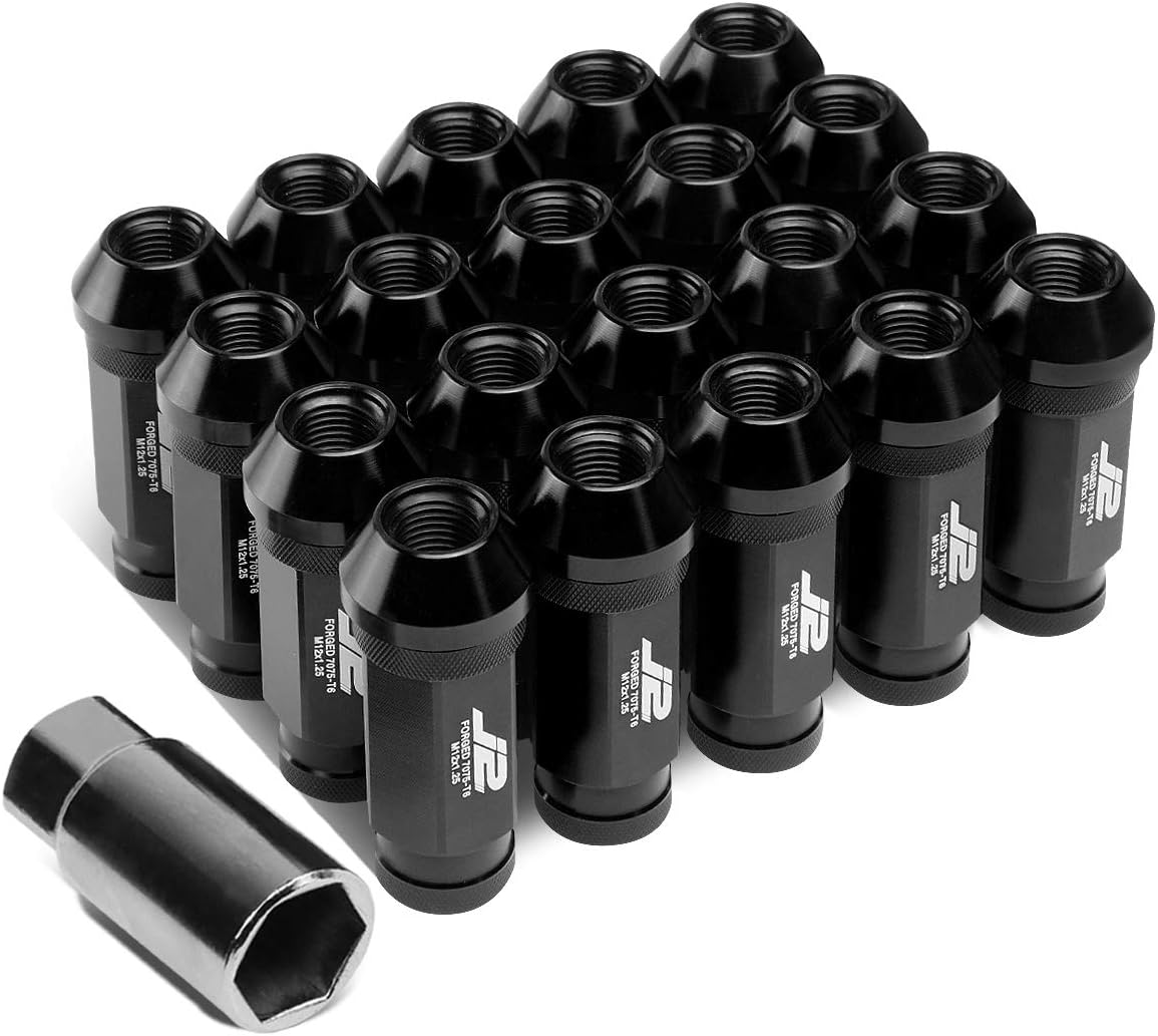 J2 Engineering 7075-T6 Aluminum M12 x 1.25 20Pcs 60mm Tall Open-End Lug Nut w/Adapter Key Black