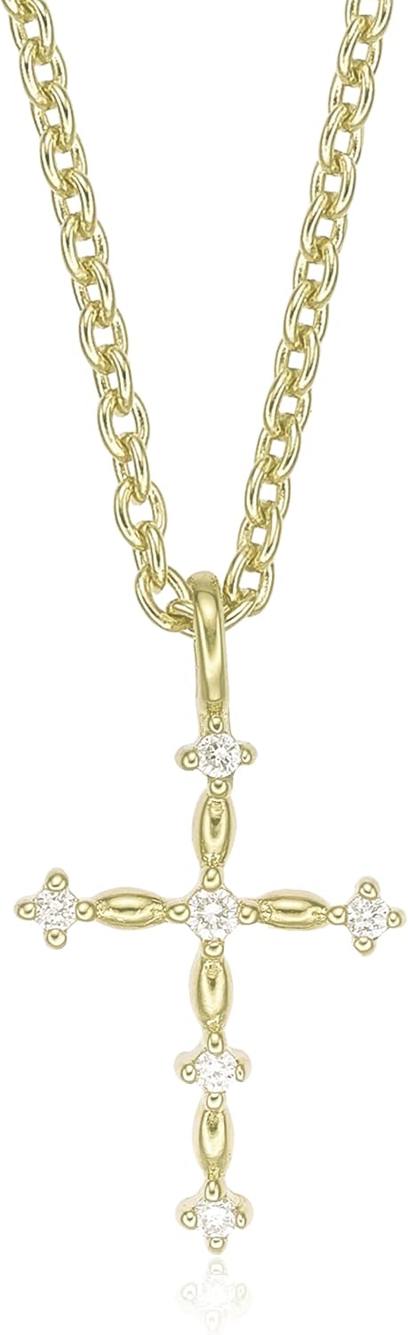 Lavari Jewelers 1/20 Carat Lab Grown Diamond Cross Pendant for Women - 18k Yellow Gold Plated Sterling Silver Diamond Pendant Necklace for Her - Adjustable 16 to 18 Inch Cable Chain with Lobster Claw