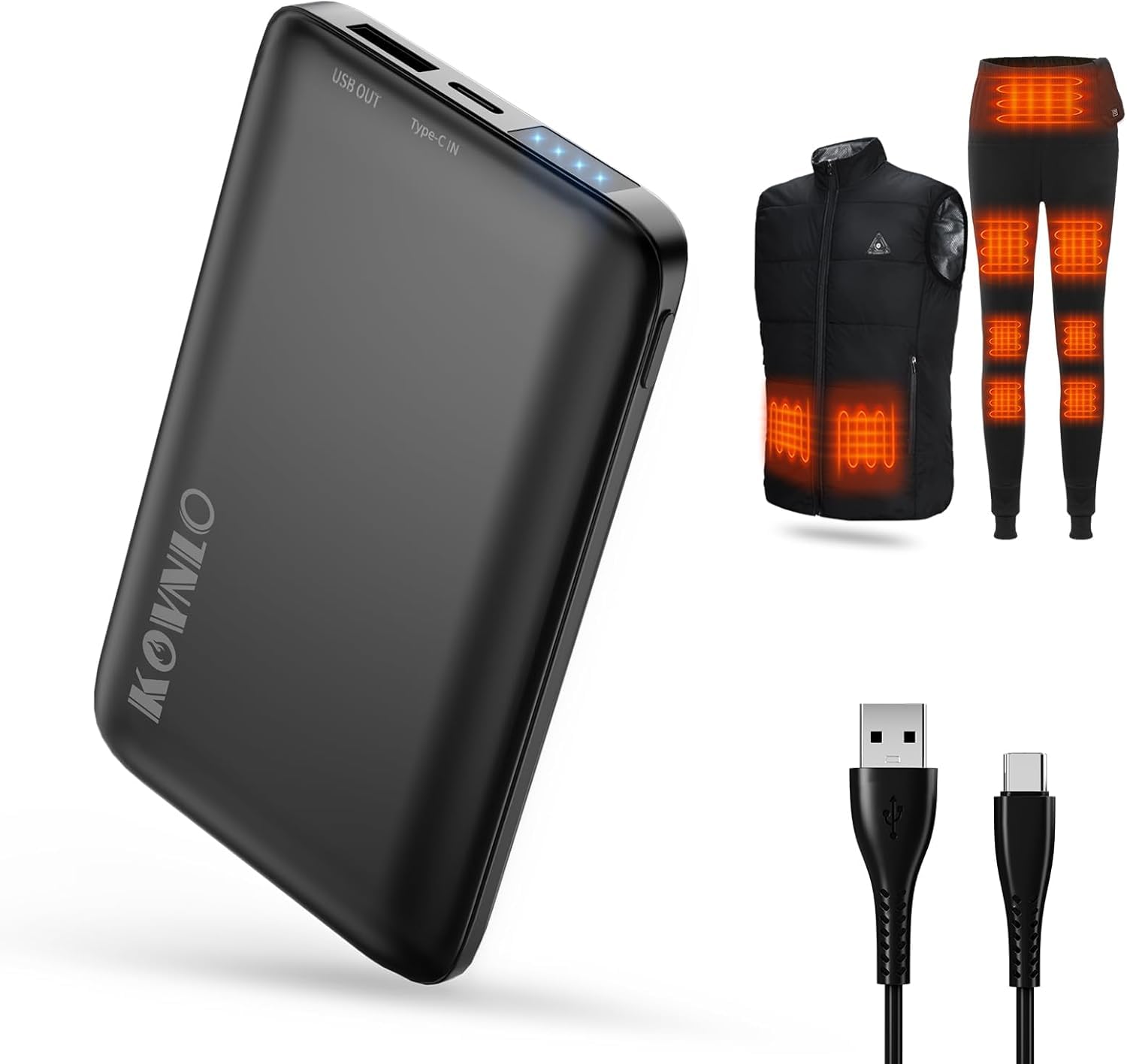 5V 2A Power Bank Voor Verwarmde Jas – 10000mAh Draagbare Oplader – Met Ingebouwde Kabels – Snel Opladen PD/QC – Compact Zakformaat – Zwart/Oranje