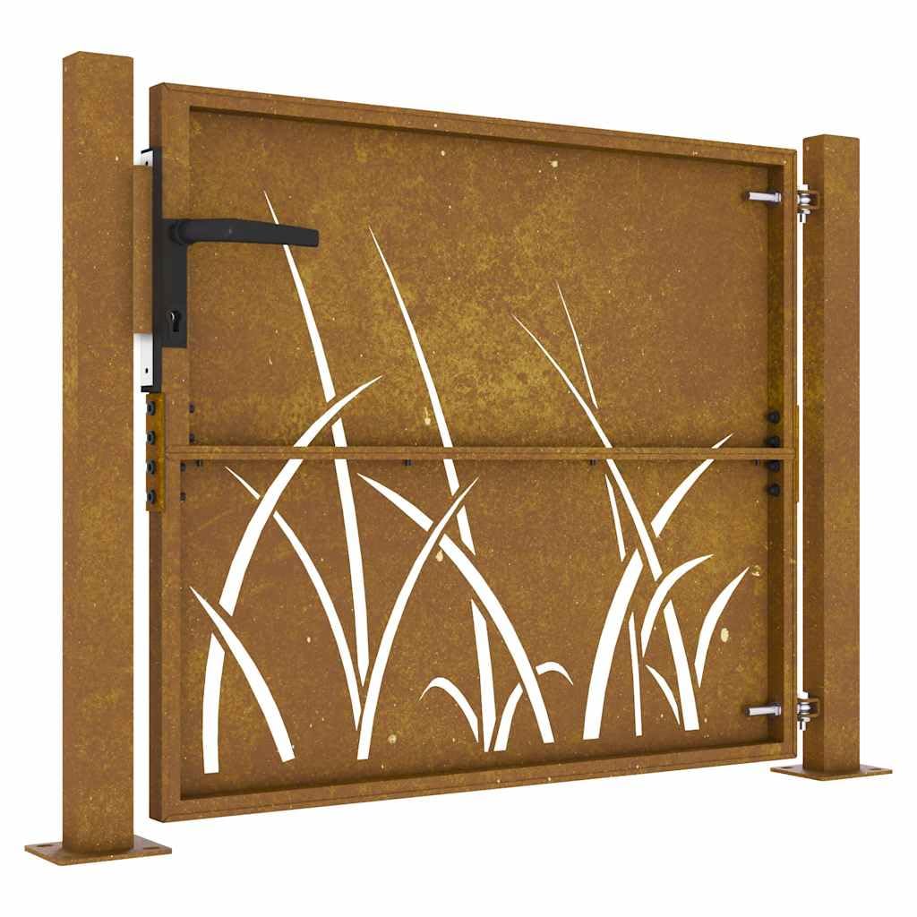 Brama ogrodowa ze stali Cortena, 110 x 105 cm, kolor rdzy, regulowana, z laserowo ciętą trawą, zamykana, do ogrodu, na taras i wejście na podwórko, bezpieczna, nowoczesna