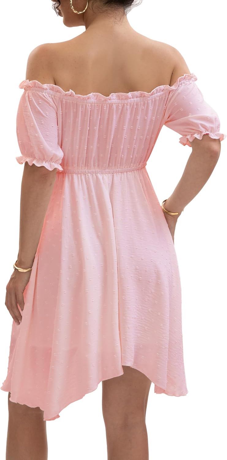 Womens Off Shoulder Ruffle Puff Sleeve Tie Up Irregular Swiss Dot Mini Cottagecore Dress - Image 3