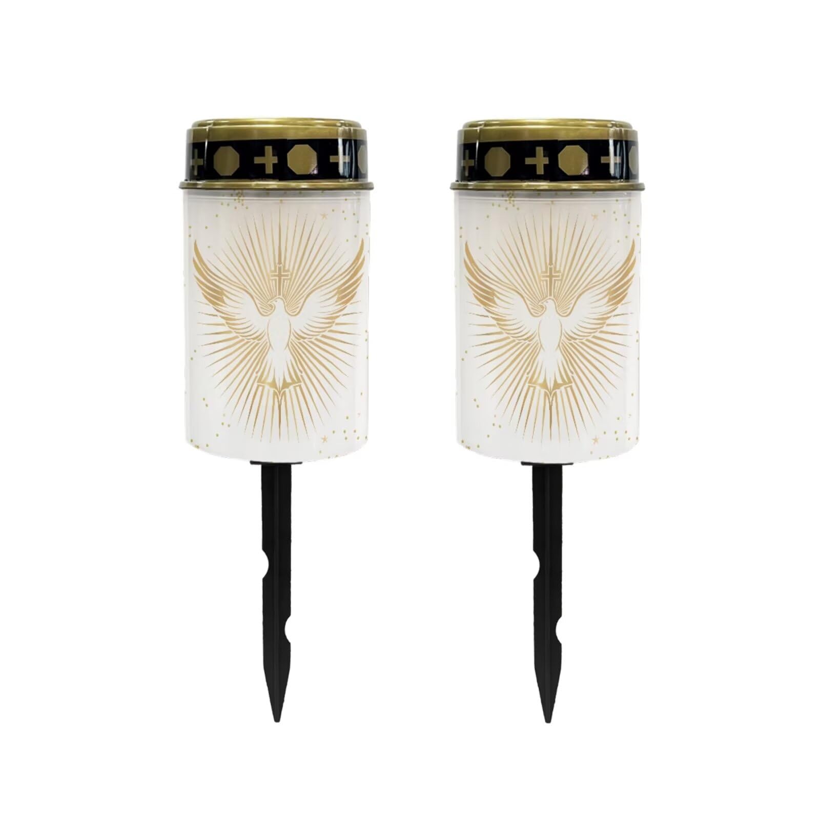 Poceacles Cross Outdoor Solar Lights - Water Resistant Solar Garden Stake Lights for Cemetery Grave Decorations, Dove of Peace Cross Gold White, Pack of 2