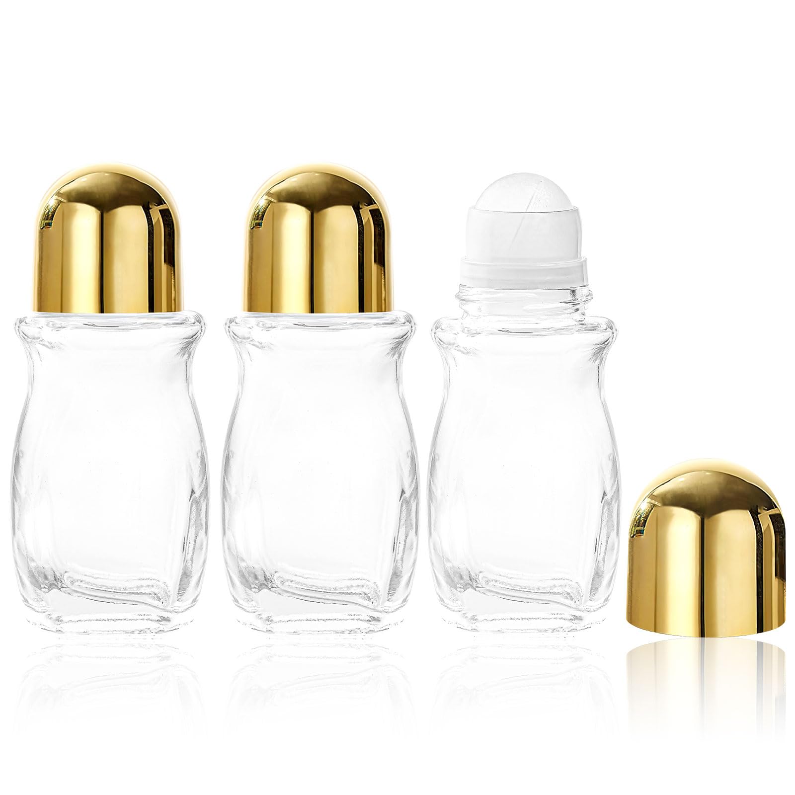 3 Pièces Roll on Vide, 50ml Rechargeables En Verre Déodorant Roll-on Bouteilles Vide, Flacon Vide Huile Essentielle Avec Rouleau à Billes et Capuchon, Pour Les Huiles Essentielles Aromathérapie, Or
