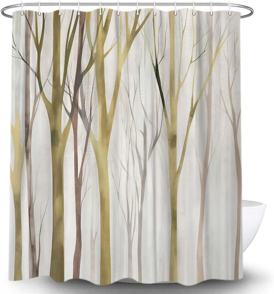 MERCHR Brown Yellow Tree Fabric Shower Curtain, Art Style Abstract Birch Forest Rustic Wood Polyester Fabric Waterproof Bath Curtain, Farmhouse Bathroom Shower Curtains with Hooks 72X75 Inch