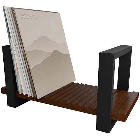 Sonarvelife Vinyl Record Holder, Adjustable LP Storage Rack for Up to 57 Records, Wooden Record Organizer with Grooved Base, Mid Century Modern Record Display Stand