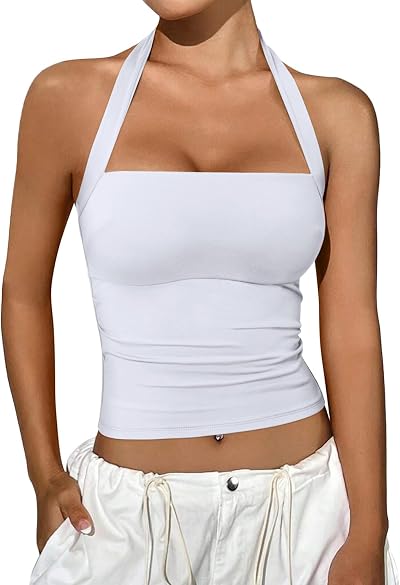 REORIA Women's Halter Going Out Tops 2025 Summer Y2K Shirts Sleeveless Sexy Crop Tank Top Y2k Outfits