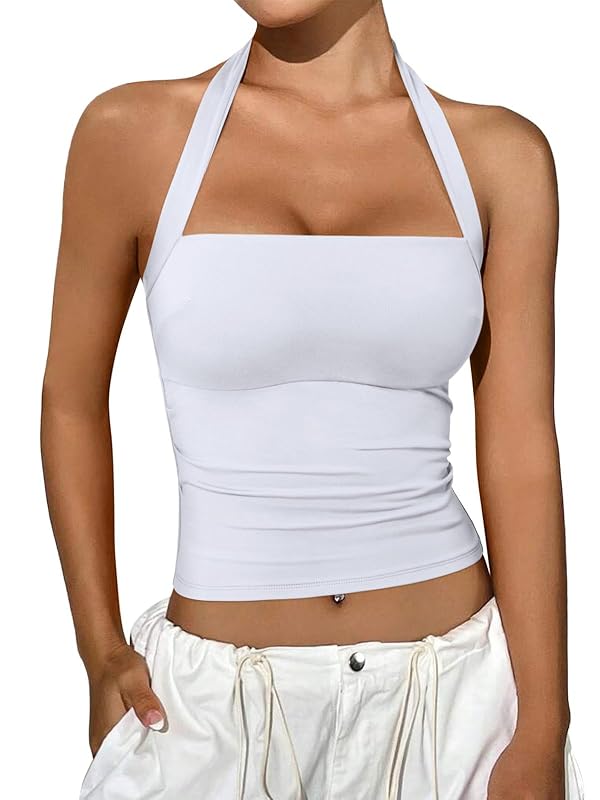 REORIA Halter Tops for Women Summer Sleeveless Going Out Outfits Y2K Trendy Cute Crop Tank Top Clothes White X-Large by REORIA - Used condition - US$27.87