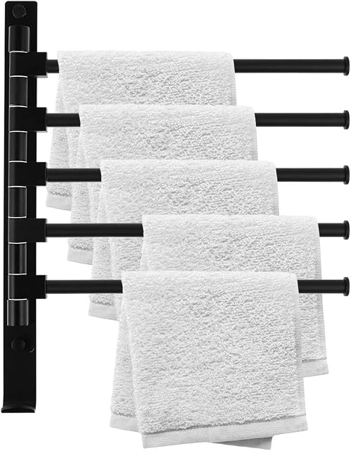 Swivel Towel Rail Towel Bar Aluminum Bathroom Towel Holder Wall-Mounted Swing Towel Holder Rack with 5 Swivel Bars for Kitchen, Bathroom, Toilet
